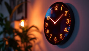 A photograph of a stylish wall clock featuring a vibrant led display in a dimly lit room