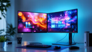 A photograph of a sleek dual-monitor setup showcasing vibrant led displays