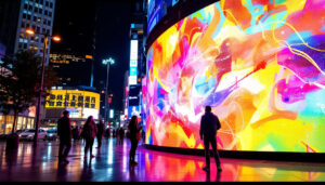 A photograph of a vibrant led display in an urban setting