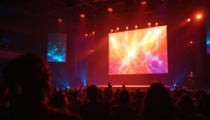 A photograph of a vibrant led screen displaying dynamic visuals during a church service