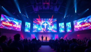 A photograph of capture a photograph of a vibrant church interior featuring a large led display wall