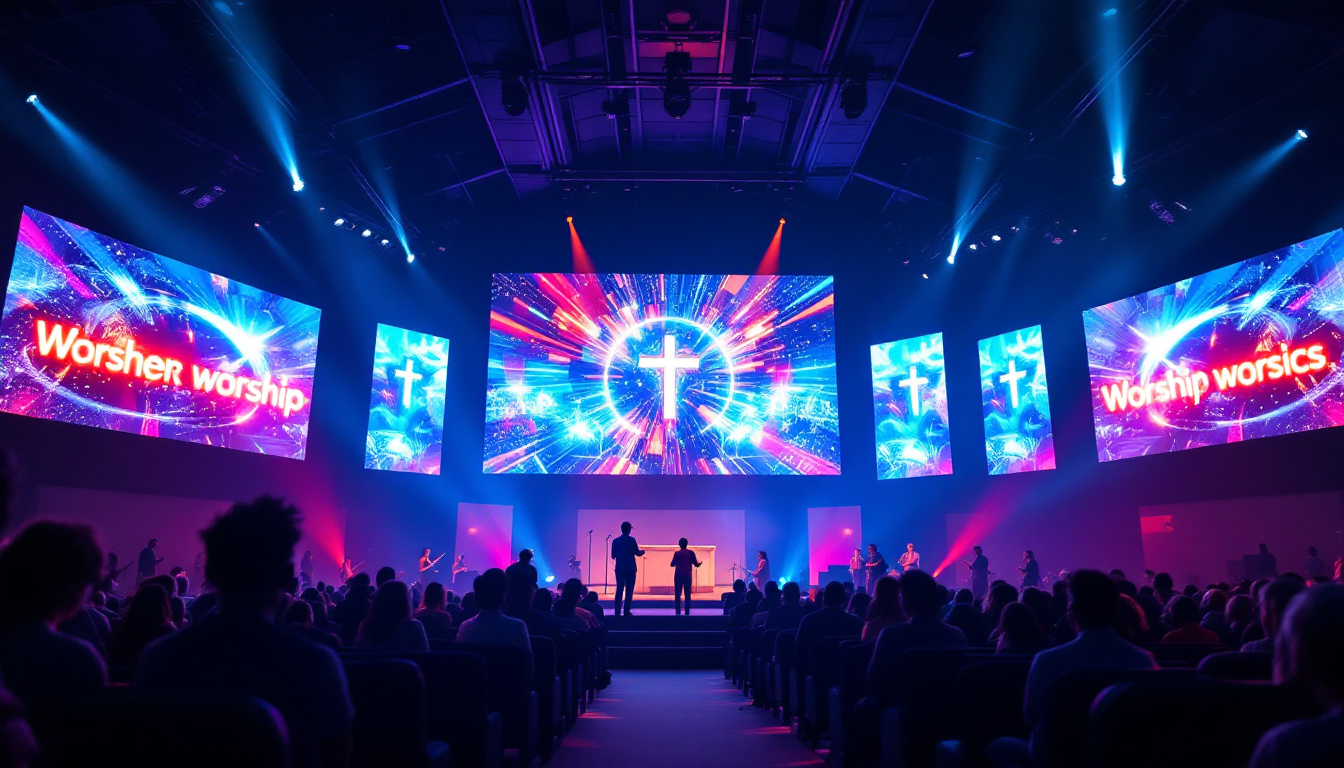 A photograph of capture a photograph of a vibrant church interior featuring a large led display wall