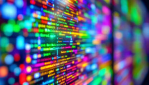 A photograph of a close-up view of a vibrant led display panel showcasing vivid colors and intricate details