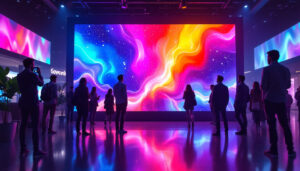 A photograph of a vibrant led display in a dynamic setting