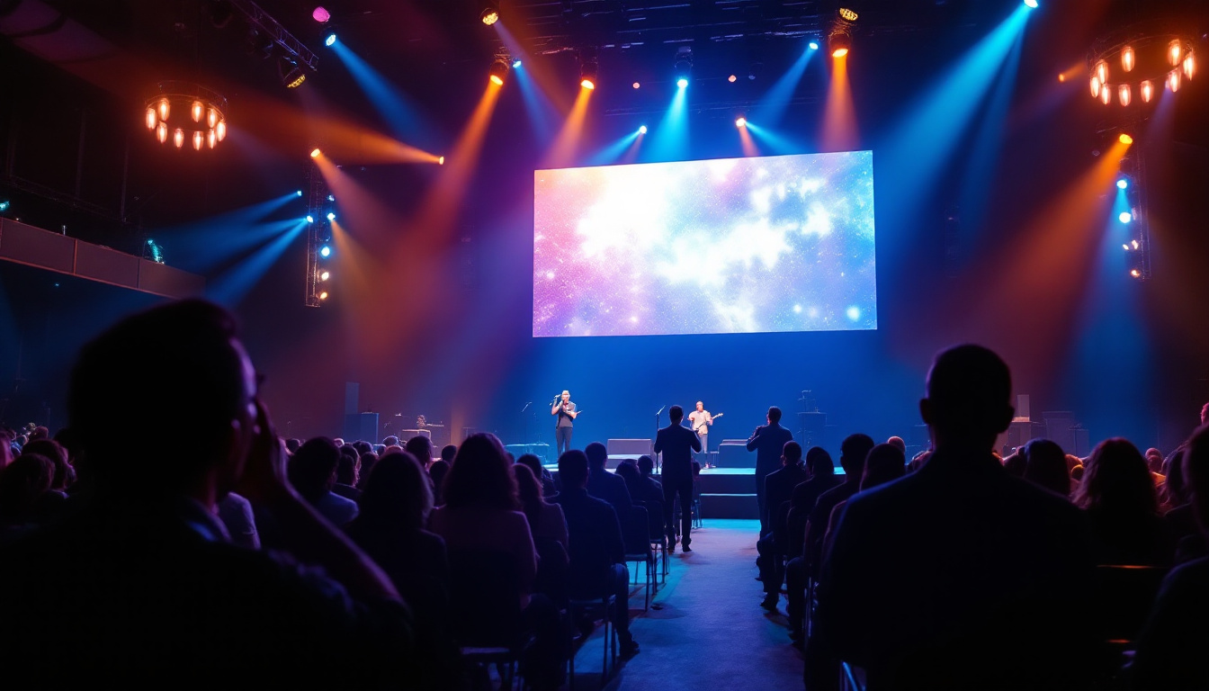 A photograph of capture a photograph of a vibrant church interior featuring a large led display screen in action