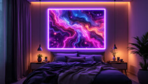 A photograph of a stylishly designed bedroom featuring a vibrant led wall panel as the focal point