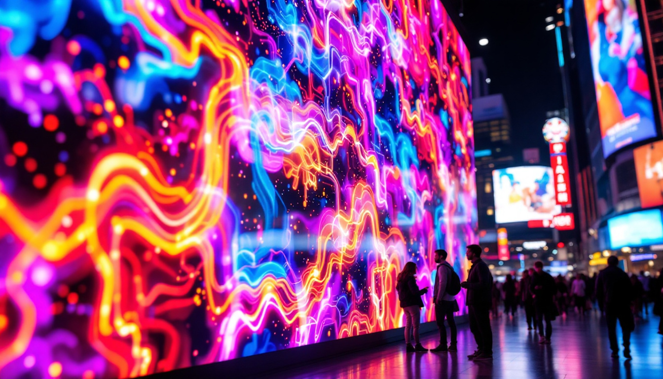 A photograph of a vibrant and dynamic led display in a bustling urban setting