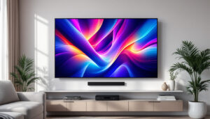 A photograph of a modern living room featuring a sleek led panel tv mounted on a stylish wall