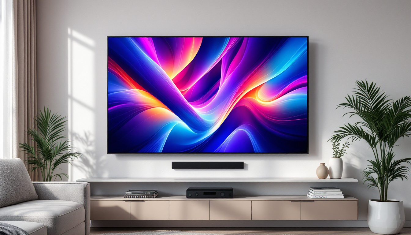 A photograph of a modern living room featuring a sleek led panel tv mounted on a stylish wall
