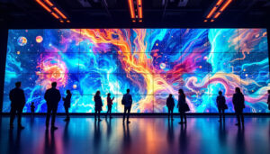 A photograph of a vibrant led video wall in a dynamic setting