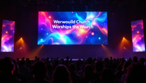 A photograph of a vibrant church service featuring a large led display screen showcasing dynamic visuals and text