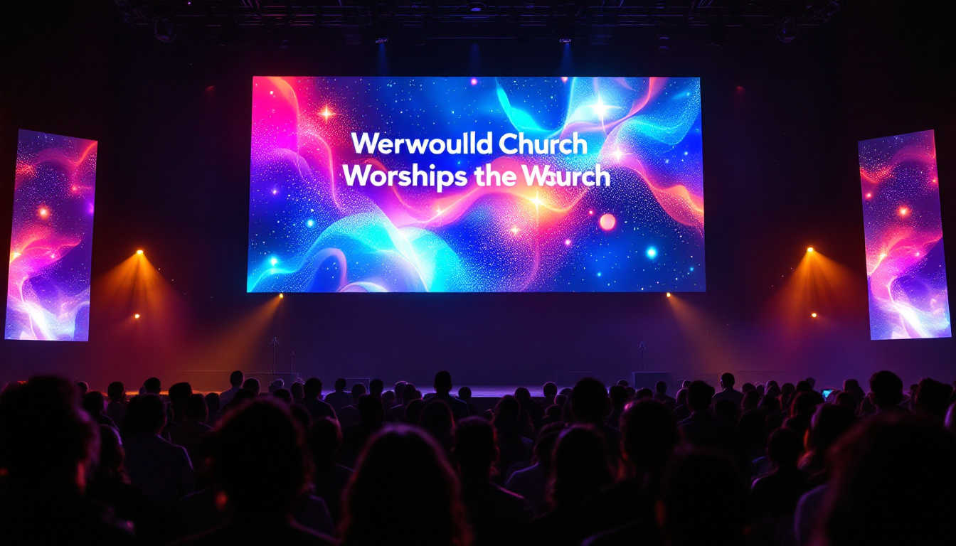 A photograph of a vibrant church service featuring a large led display screen showcasing dynamic visuals and text