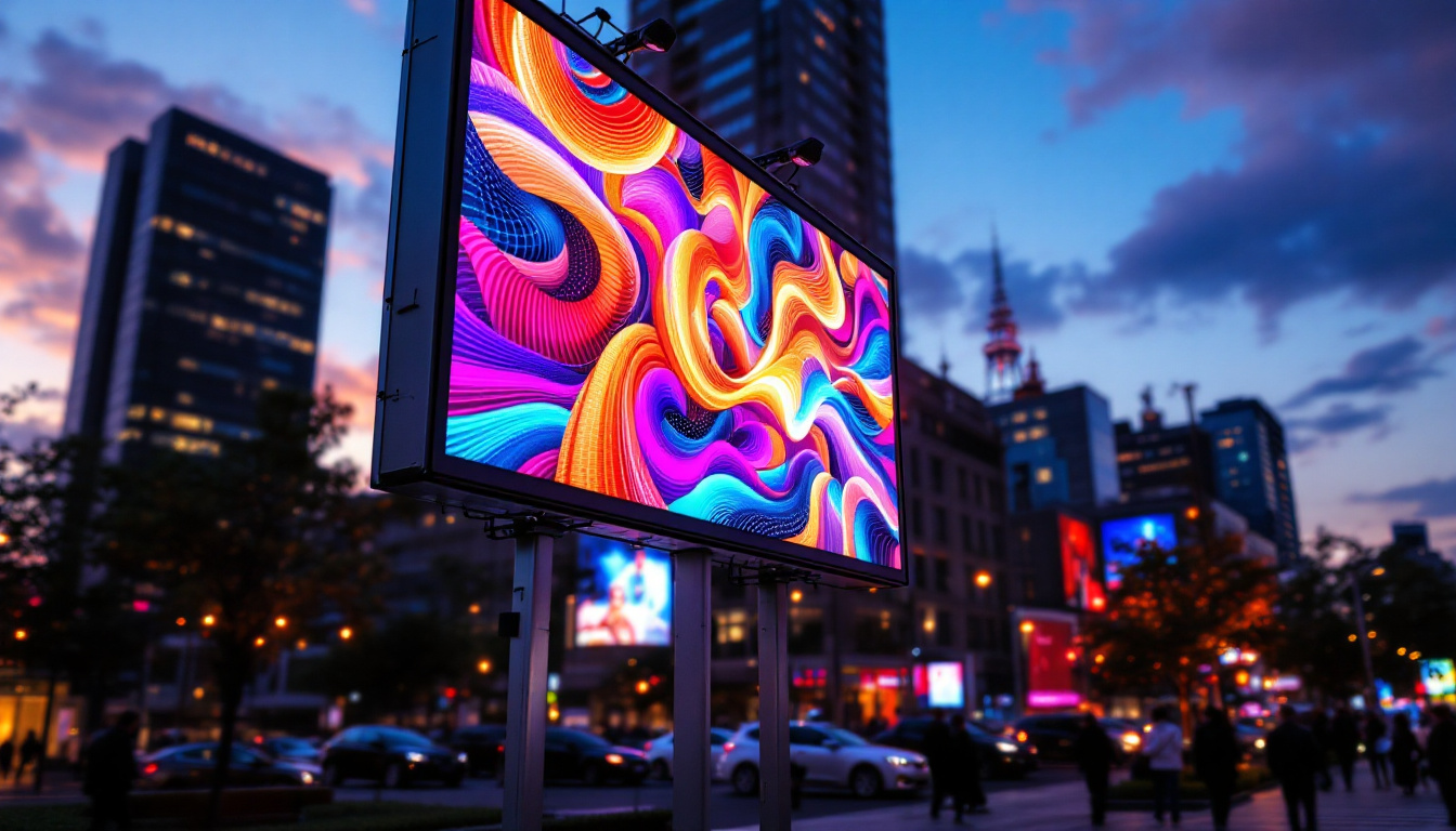 A photograph of capture a photograph of a vibrant outdoor led display panel showcasing dynamic visuals in a lively urban setting
