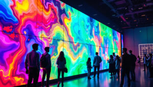 A photograph of a vibrant led wall display in a dynamic setting
