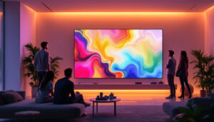 A photograph of a modern media room showcasing a large led display in use