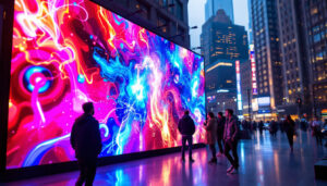 A photograph of a vibrant led video display board in an urban setting