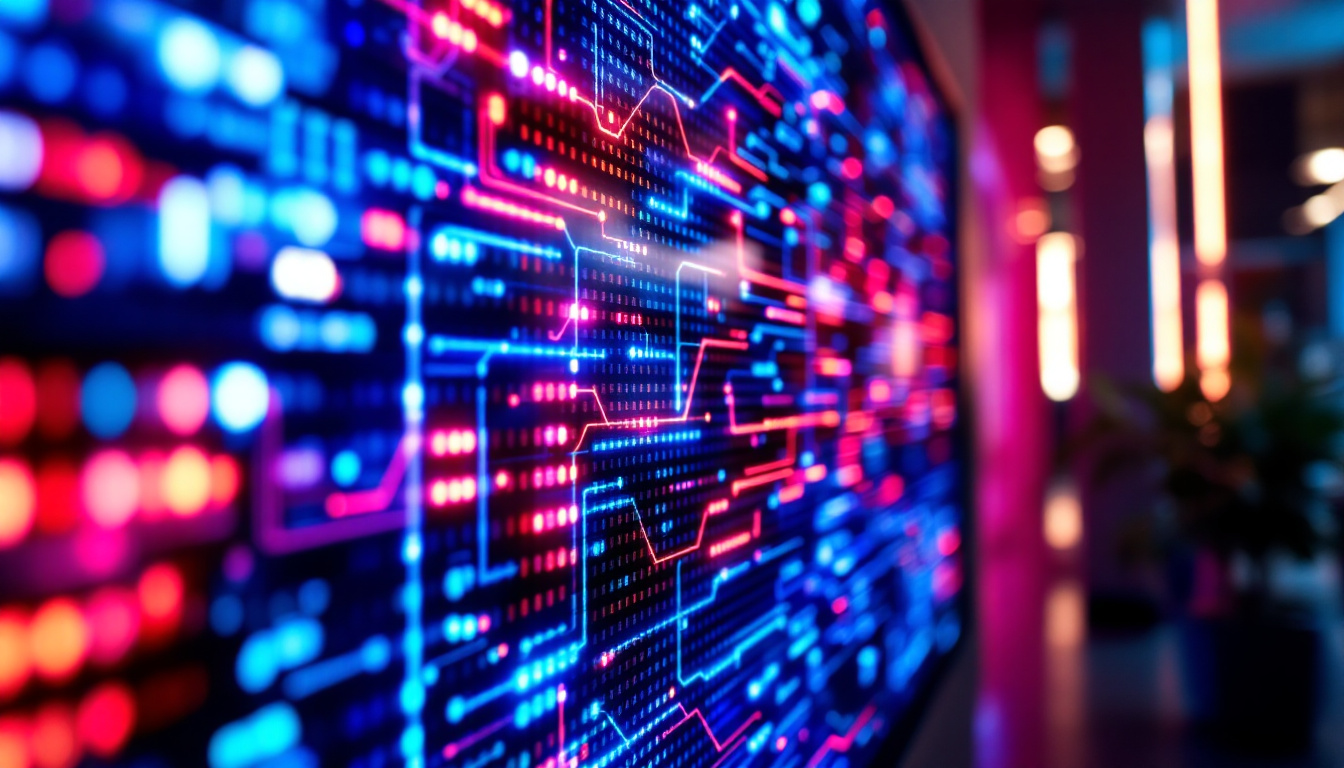 A photograph of a vibrant led panel board displaying dynamic visuals in a dimly lit environment