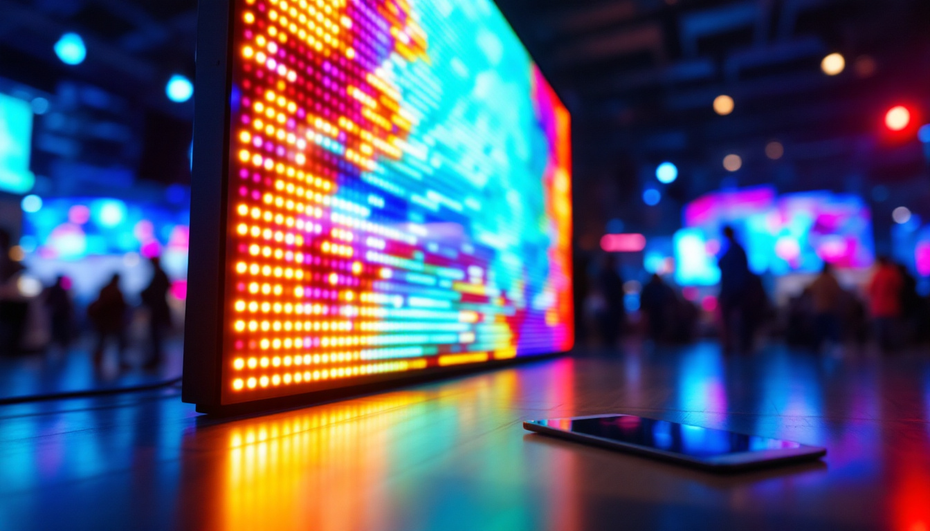 A photograph of a vibrant led panel display in a dynamic setting