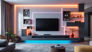 A photograph of a modern living room featuring a sleek tv wall with decorative panels and an eye-catching led display