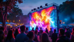 A photograph of a vibrant portable video wall in use at an outdoor event