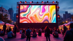 A photograph of a vibrant outdoor setting featuring a large led screen displaying a dynamic image or video