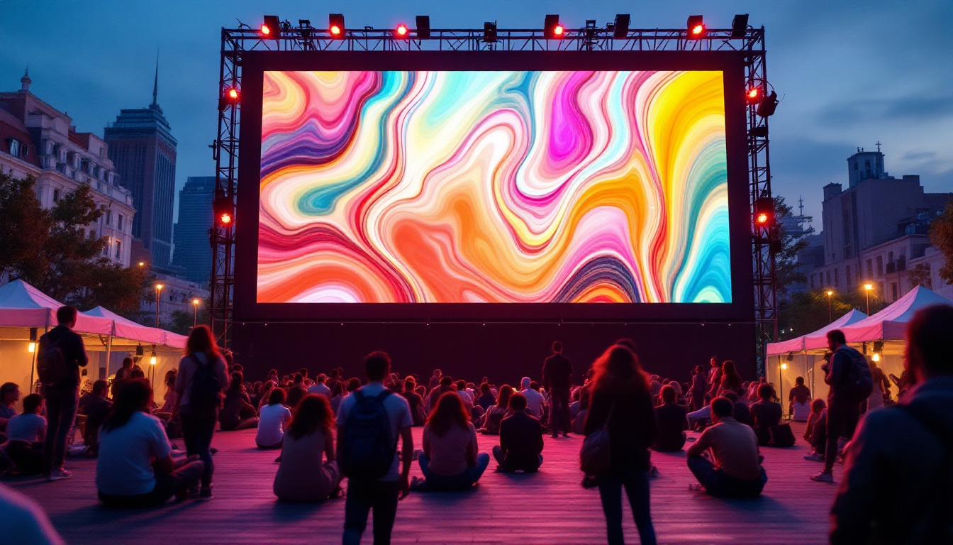 A photograph of a vibrant outdoor setting featuring a large led screen displaying a dynamic image or video