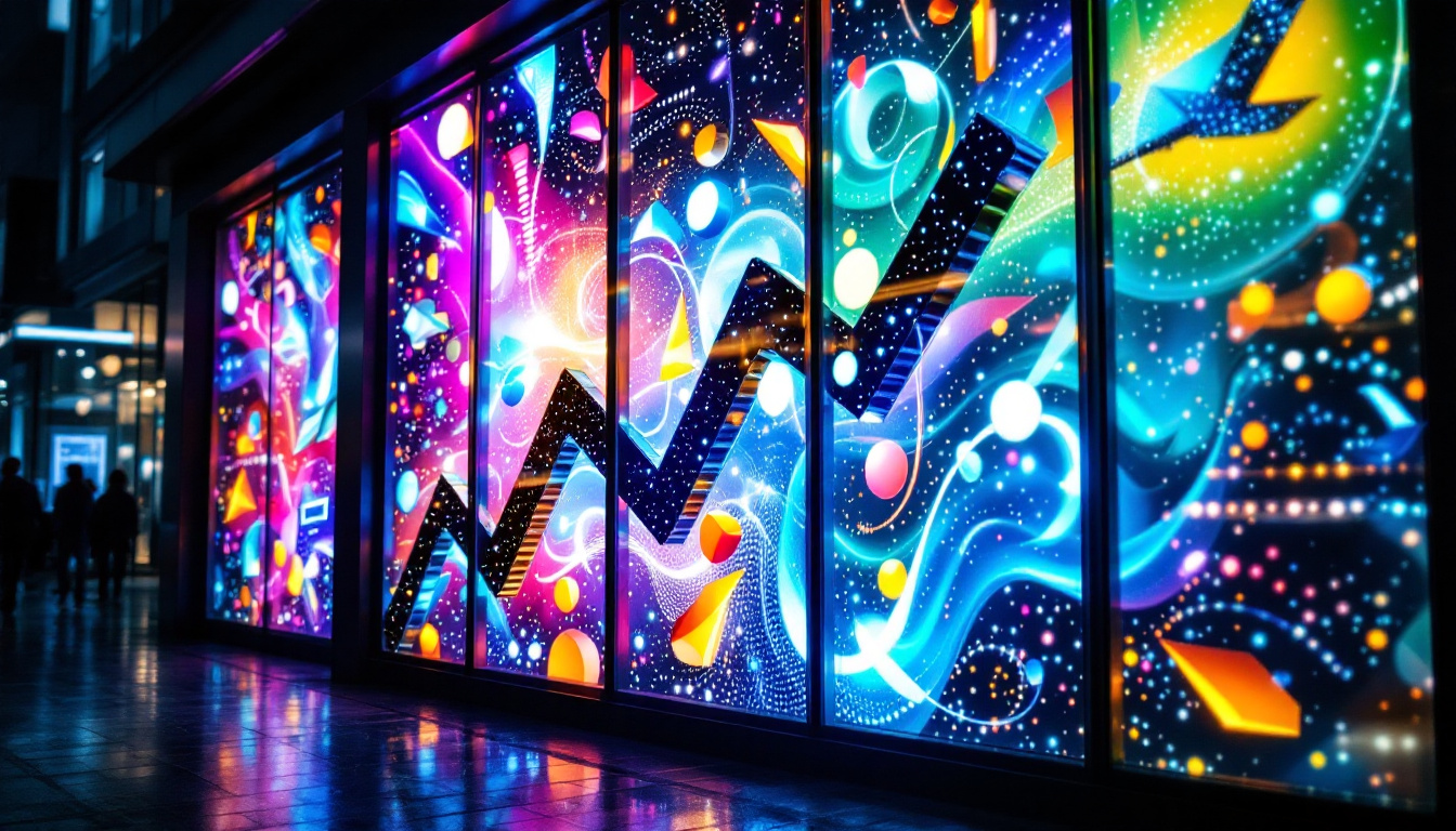 A photograph of a vibrant led window display at night