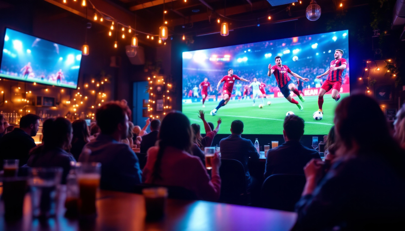 A photograph of a vibrant sports bar scene featuring a large led display wall showcasing a live sports event