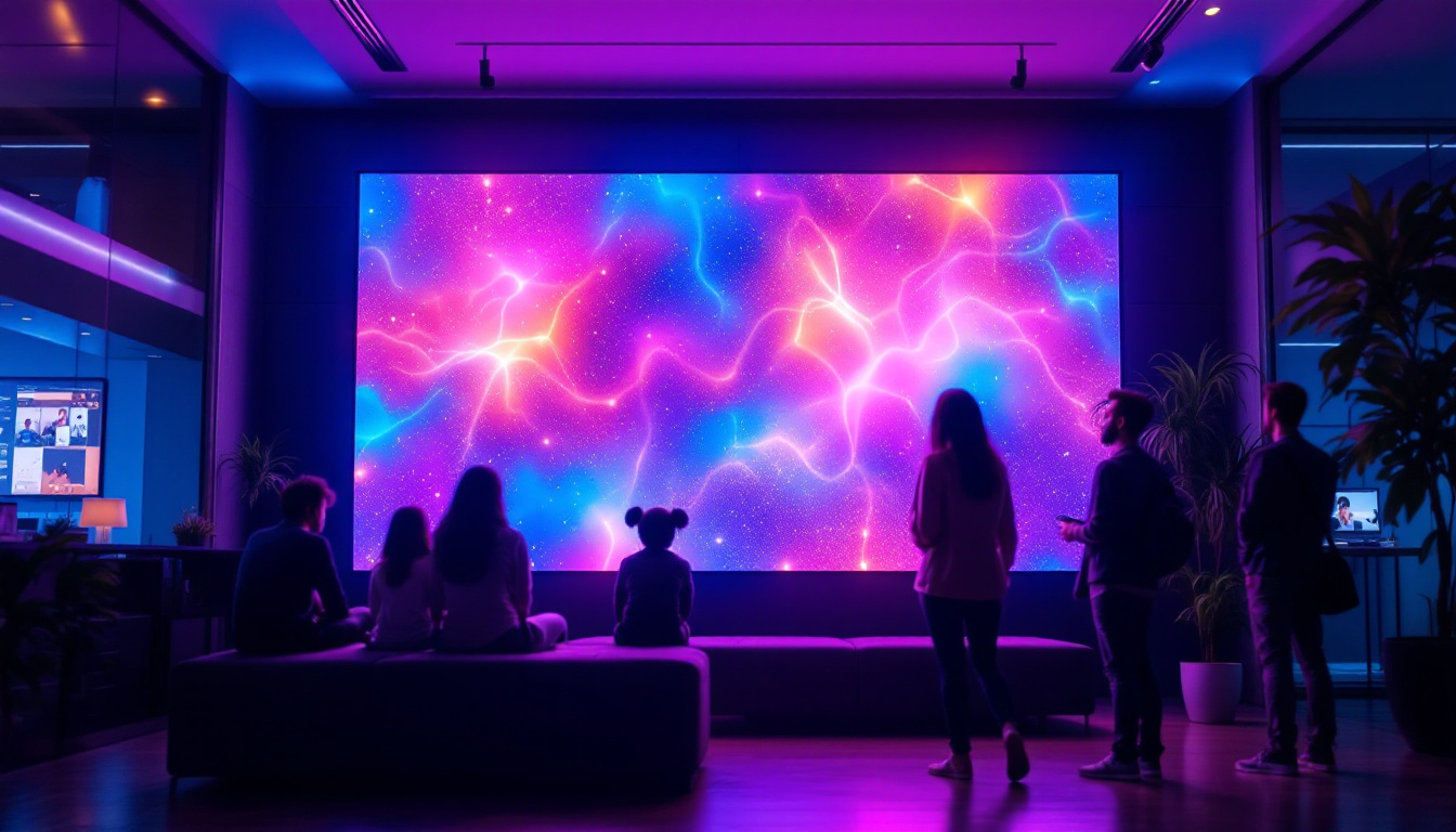 A photograph of a vibrant led wall display in a dynamic setting