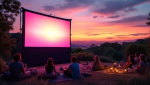 A photograph of a motorized outdoor projector screen in action