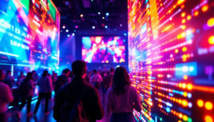 A photograph of a vibrant led display in action at a lively event