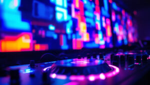 A photograph of a vibrant dj setup featuring a close-up of an led display in action