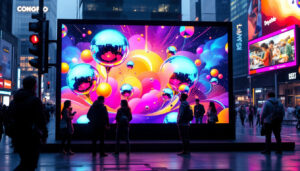 A photograph of a vibrant 7-foot led display in an urban setting