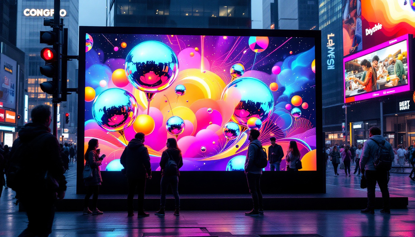 A photograph of a vibrant 7-foot led display in an urban setting