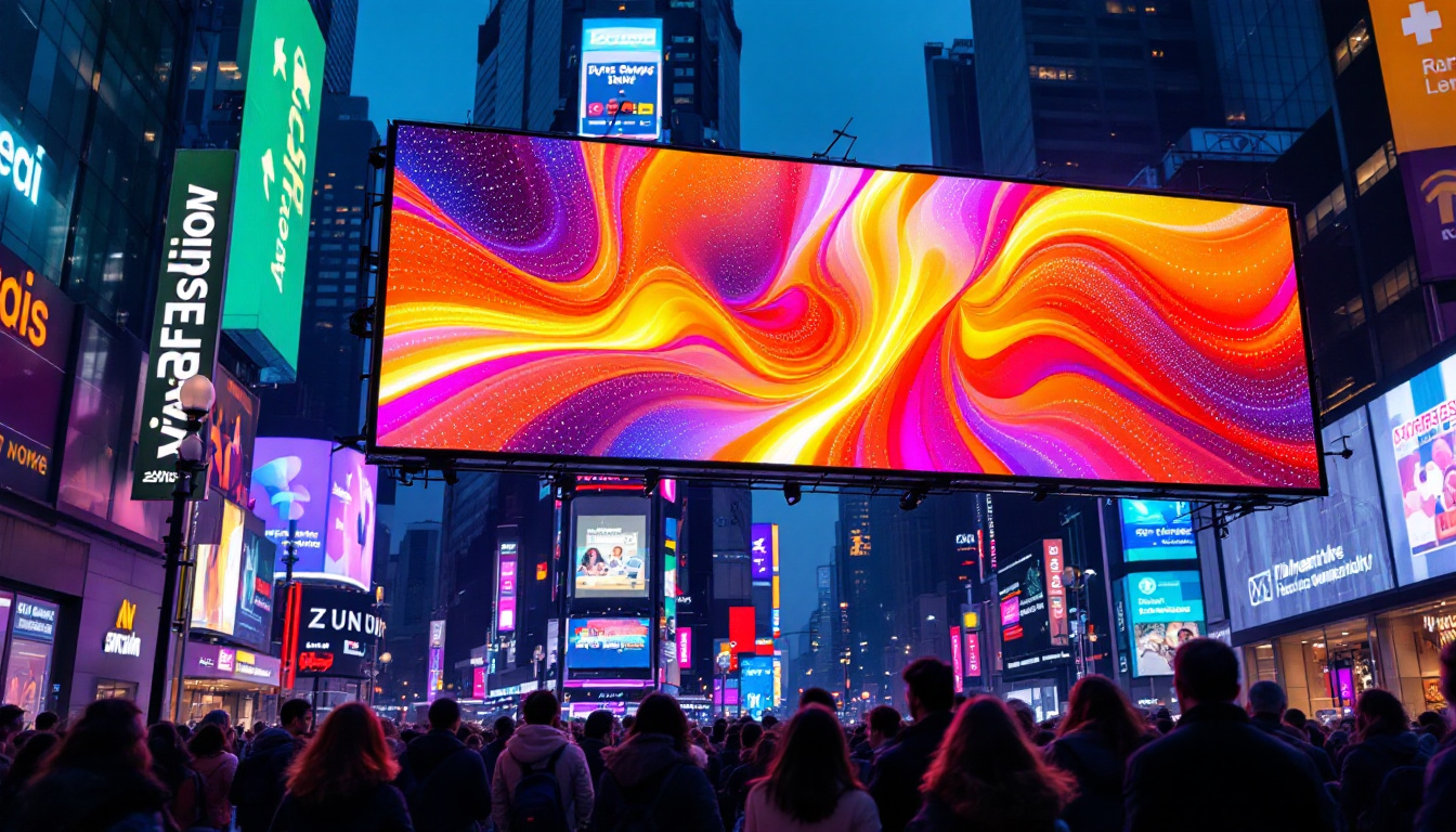 A photograph of a vibrant led banner display in a dynamic urban setting