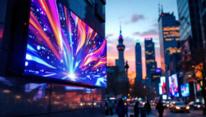 A photograph of a vibrant led display in an urban setting at dusk