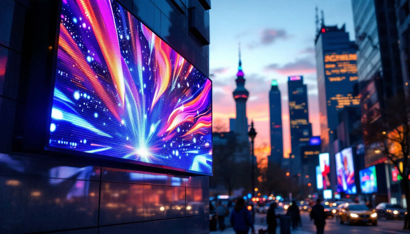 A photograph of a vibrant led display in an urban setting at dusk