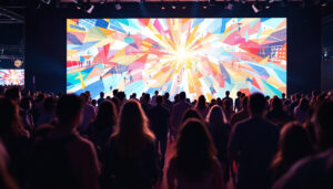 A photograph of a vibrant video wall in action at an event
