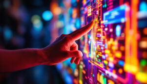 A photograph of a close-up shot of a vibrant touchscreen led display in use