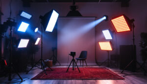 A photograph of a well-lit video setup featuring a variety of led light panels in use