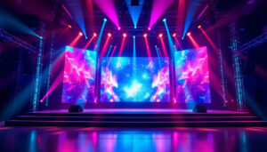 A photograph of a vibrant stage setup featuring an innovative led display