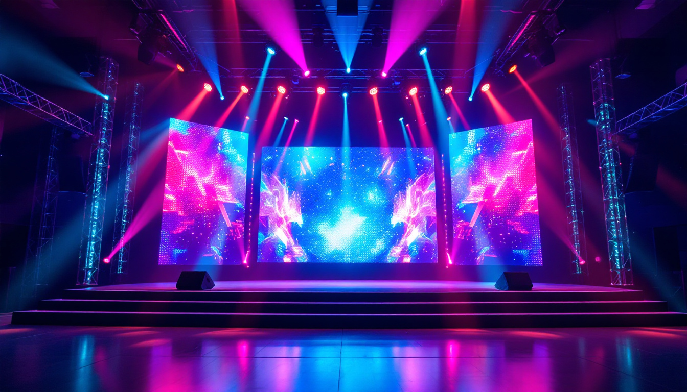 A photograph of a vibrant stage setup featuring an innovative led display