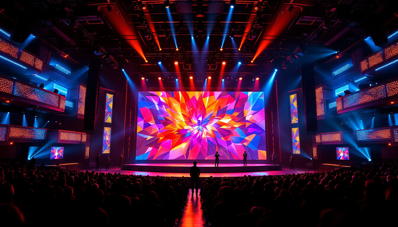 A photograph of a vibrant theatre stage showcasing an intricate led display