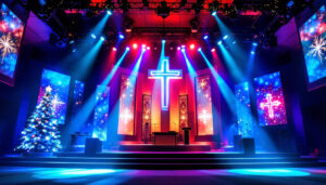 A photograph of a beautifully decorated church stage during a christmas service