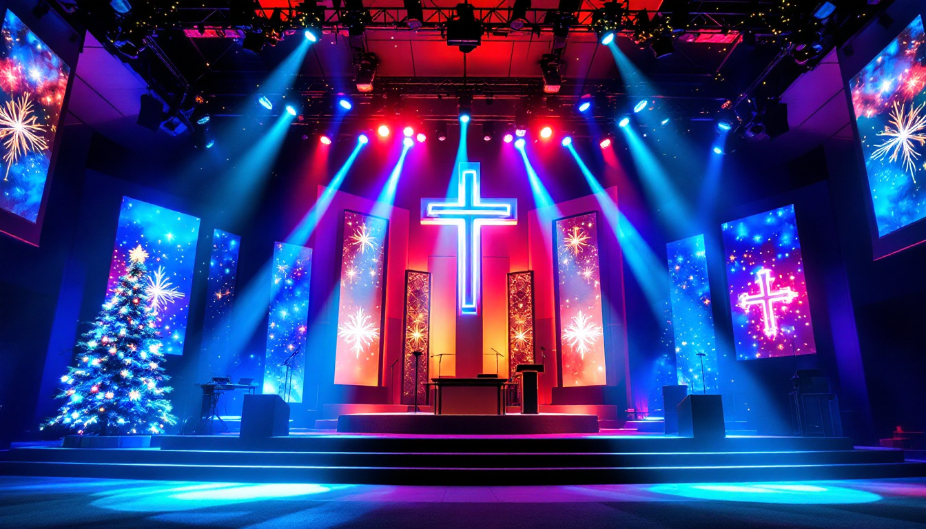 A photograph of a beautifully decorated church stage during a christmas service