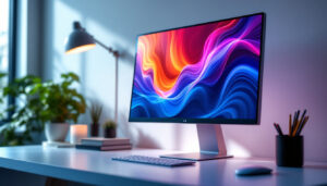 A photograph of a sleek desktop monitor with an led display