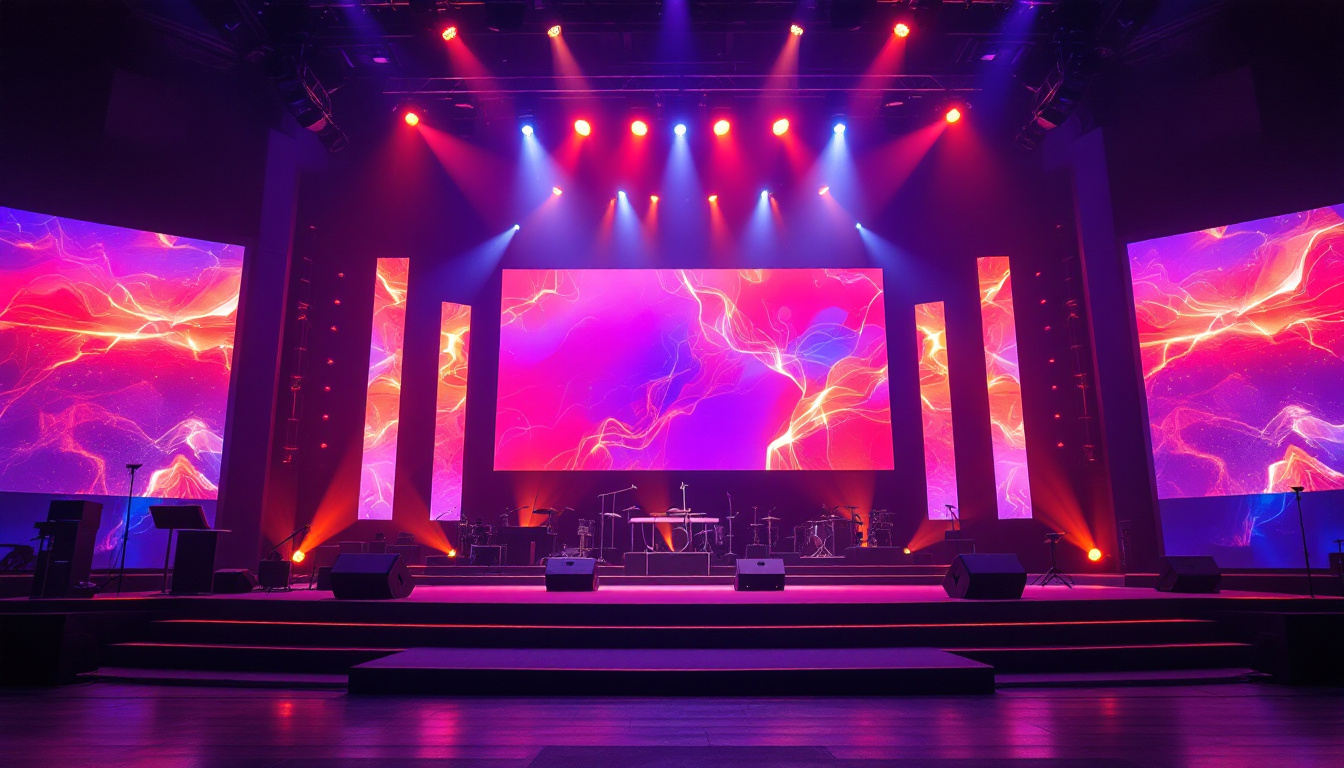 A photograph of a vibrant church stage featuring a large led display