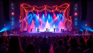 A photograph of a beautifully lit christmas stage featuring a vibrant led display