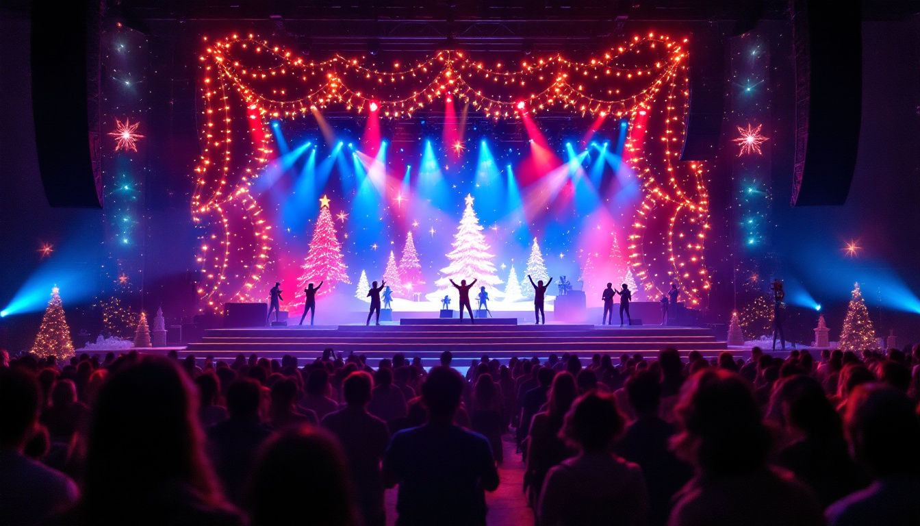 A photograph of a beautifully lit christmas stage featuring a vibrant led display