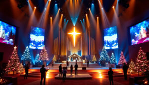 A photograph of a beautifully decorated church stage for christmas